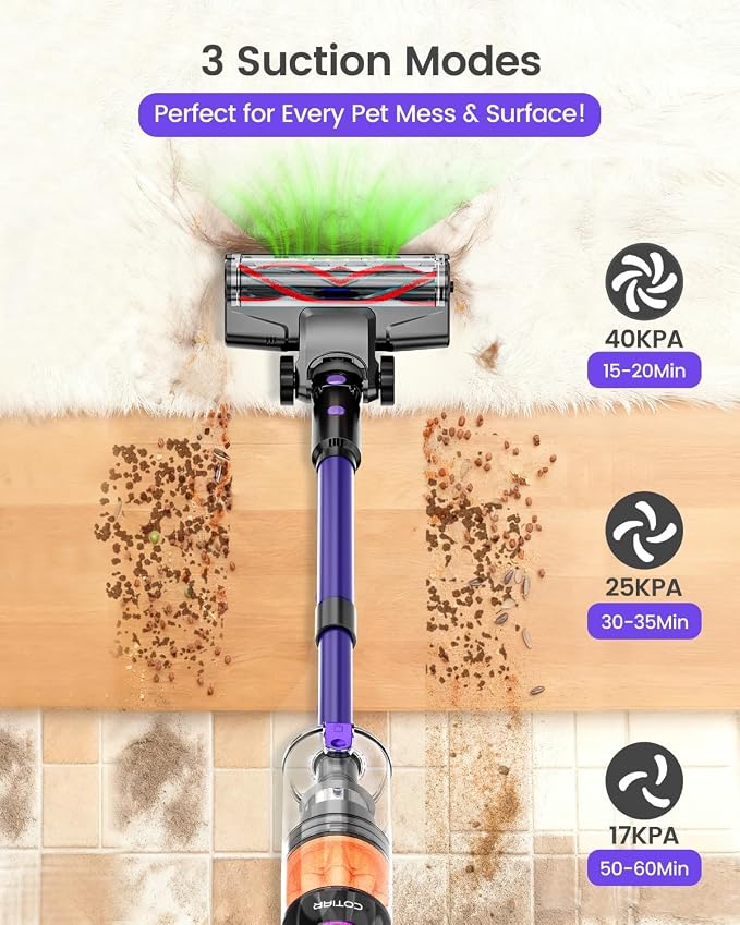 Cordless Vacuum Cleaner, 500W 40KPa 60Mins Vacuum Cleaners for Home, Anti-Tangle Rechargeable Vacuum with Green Light Wireless Vacumm for Pet Hair/Carpet/Hardwood Floor Purple