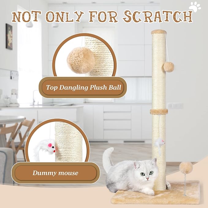 ANWA 32" Tall Sisal Cat Scratching Posts Tree for Indoor Cats Adults, Beige | Sisal Cat Scratcher, Small Space, Cat Post with Dangling Plush Toys for Indoor Cats, 15.7" Stable Base, Cat Furniture