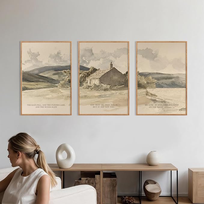 FWIEXA Nature Christian Bible Verse Framed Canvas Wall Art Set, Floods Mountain Houses Jesus Wall Decor, Vintage Easter Artwork, Inspirational Quotes Art Prints for Prayer, Bedroom - Size 24"x36"x3