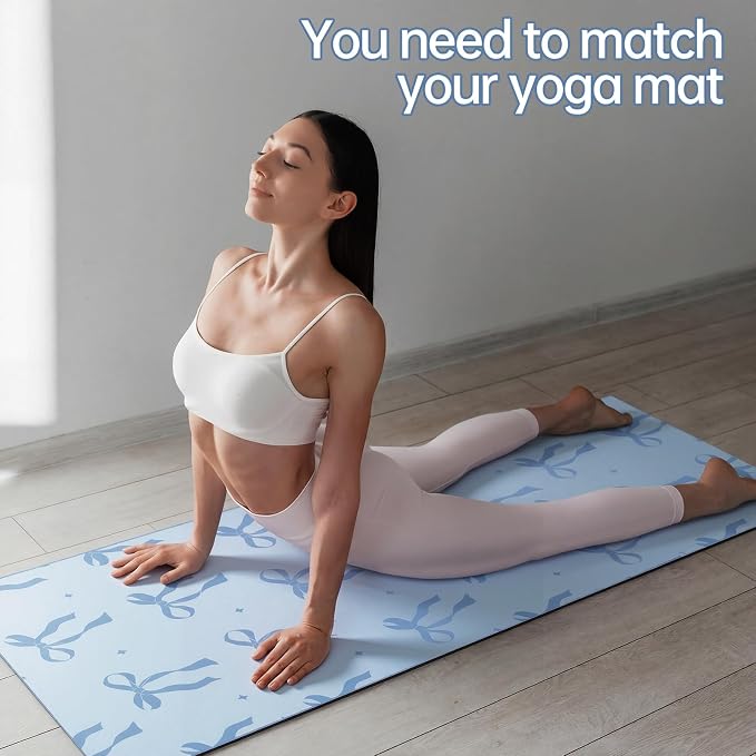 Breling Blue Bow Yoga Mat Towel with Grip Dot Preppy Coquette Bow Non Slip Ultra Absorbent Soft Microfiber Towel Without Hot Yoga Mat 72 x 24 Inch for Pilates Fitness Gym Women Birthday Gifts