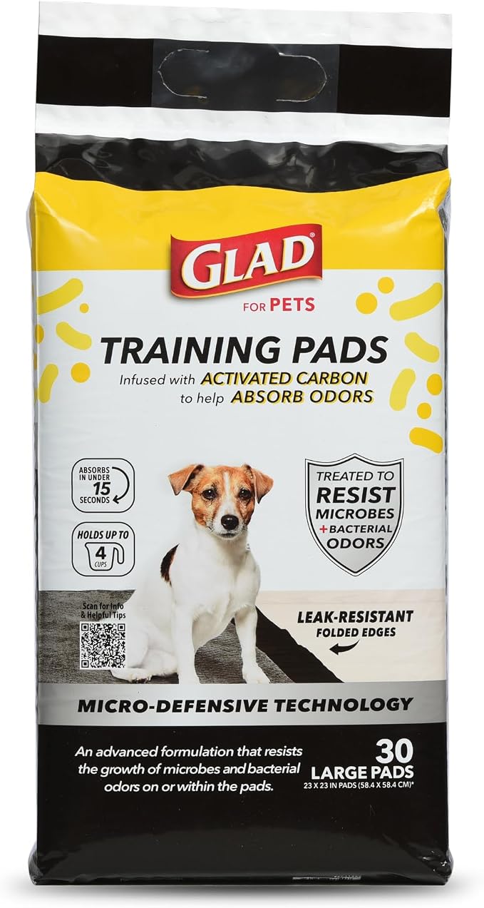 Glad for Pets Activated Carbon Training Pads, Anti-Microbial, 30 Ct, 6-Pk | 6-layer, leak-proof pads with odor control technology, 23 x 23 in coverage for indoor potty training