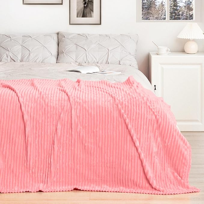 Vessia Flannel Fleece Throw Blanket for Couch,Sofa,Bed, 300GSM Striped Pink Blanket for Adults and Kids, Super Soft Warm Cozy Lightweight Ribbed Throw for All-Season