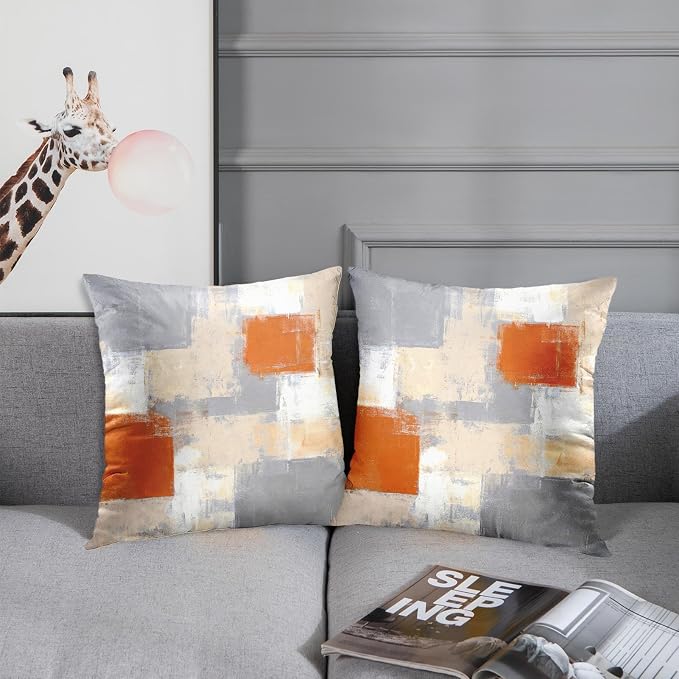 Throw Pillow Covers Set of 2, 18 x 18 Inch, Beige Orange Grey | Abstract Modern Art Outdoor Decorative Square Pillow Cases Couch Cushion Case for Couch Bed Sofa Living Room Home Decor