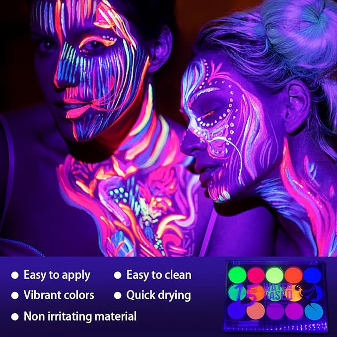 Glow in The Dark Face Body Paint,UV Black Light Makeup Neon Face and Body Paint Glow Sticks Makeup Face Painting Kits for Kids Adult, Neon Face Paint Crayons for Halloween and Parties (15 color)
