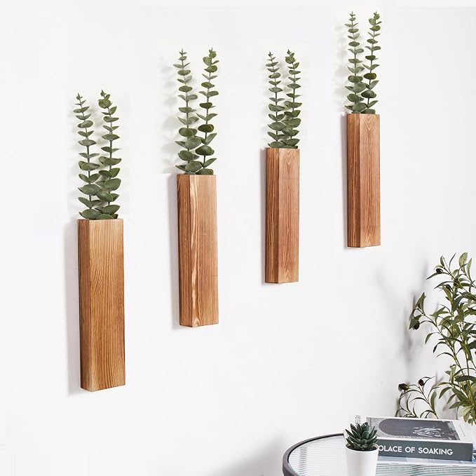4 Pack Wood Wall Planters with 8 Faux Eucalyptus Stems for Wall Decor
