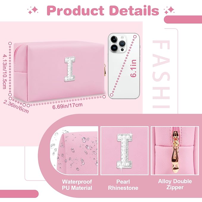 ChaoGreat Bride Gifts – Personalized Initial Makeup Bag with Pearl Rhinestone Patch, Preppy Pink Monogram Cosmetic/Toiletry Pouch, bridesmaid Gifts, Bridal Shower Gifts, Wedding Gifts, Bridal Gifts,I