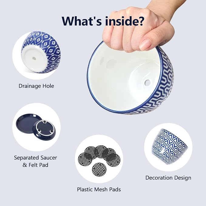 Selamica Ceramic Plant Pots, 4.6+5.6+6.5 Inch Planters with Drainage Holes & Saucer, Flower Pots for Indoor Plants, Home Decor, Set of 3, Vintage Blue