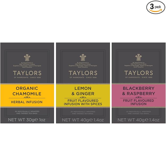 Taylors of Harrogate Herbal Tea Variety Pack, Individually Wrapped Bags, Chamomile, Lemon & Ginger, Blackberry & Raspberry 20 Count (Pack of 3), Caffeine-Free, Enjoy Hot or Iced, 60 Teabags