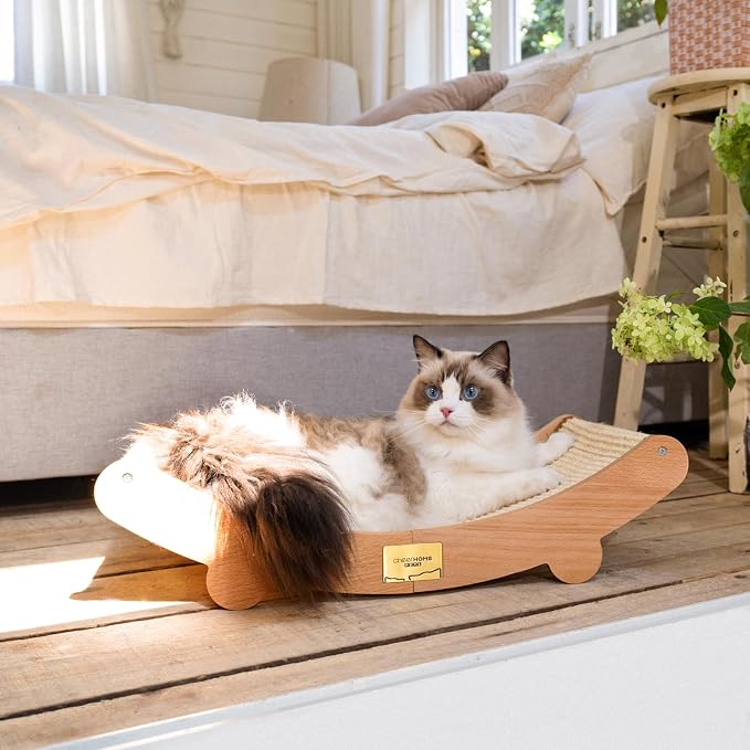 Sisal Cat Scratcher Bed, Wooden Cat Furniture(Extra Large) | Cat Hammock For Scratching Pad And Lounge. Natural Sisal Scratch Post. Space-Saving Cat Chair Design. Indoor Multi-Cat Home