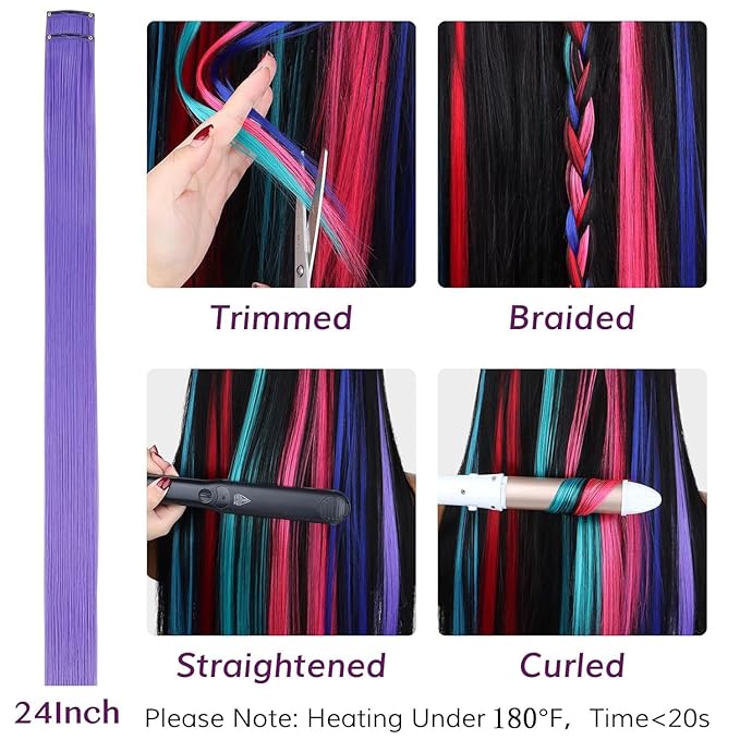 IDN BEAUTY Colored Clip in Hair Extension, 12PCS Rainbow 24Inch Invisible Clip Straight Synthetic Hair Pieces for Women, Hair Accessories for Party Cosplay Travel Birthday