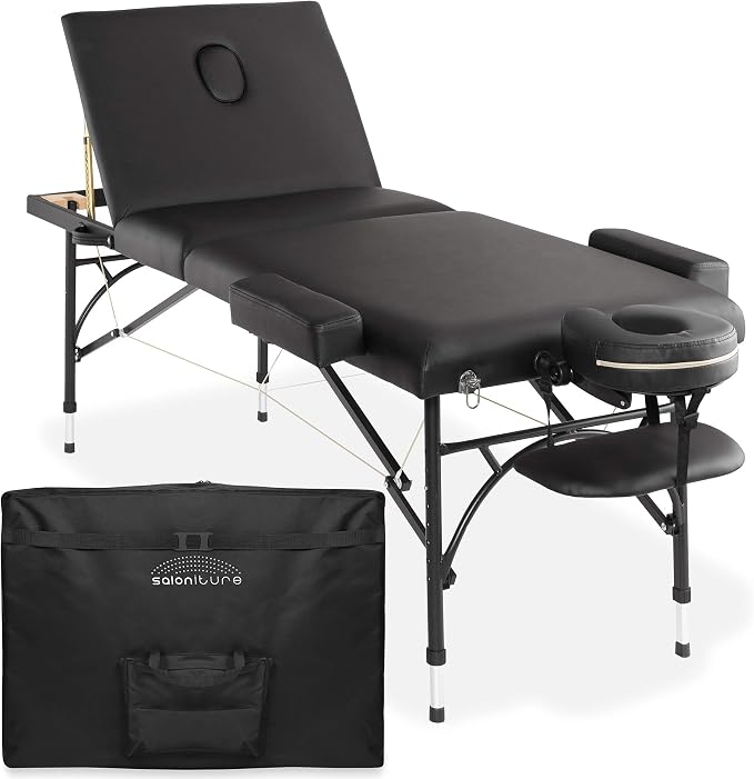 Saloniture Professional Portable Lightweight Tri-Fold Massage Table with Aluminum Legs - Includes Headrest, Face Cradle, Armrests and Carrying Case - Black
