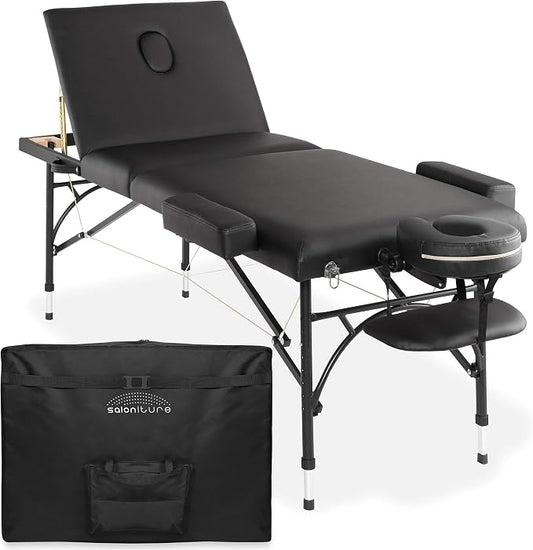 Saloniture Professional Portable Lightweight Tri-Fold Massage Table with Aluminum Legs - Includes Headrest, Face Cradle, Armrests and Carrying Case - Black