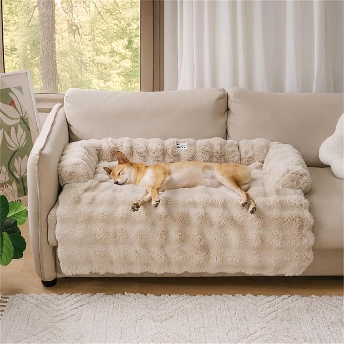 Dog Couch Bed, Calming Luxurious Large Pet Sofa Cover Washable | Comfort Dog Sofa Mat for Extra Large Dogs, Faux Rabbit Fur, Raised Protective Bolster, Non-slip Bottom, 47"×33.5"×6", Coffee