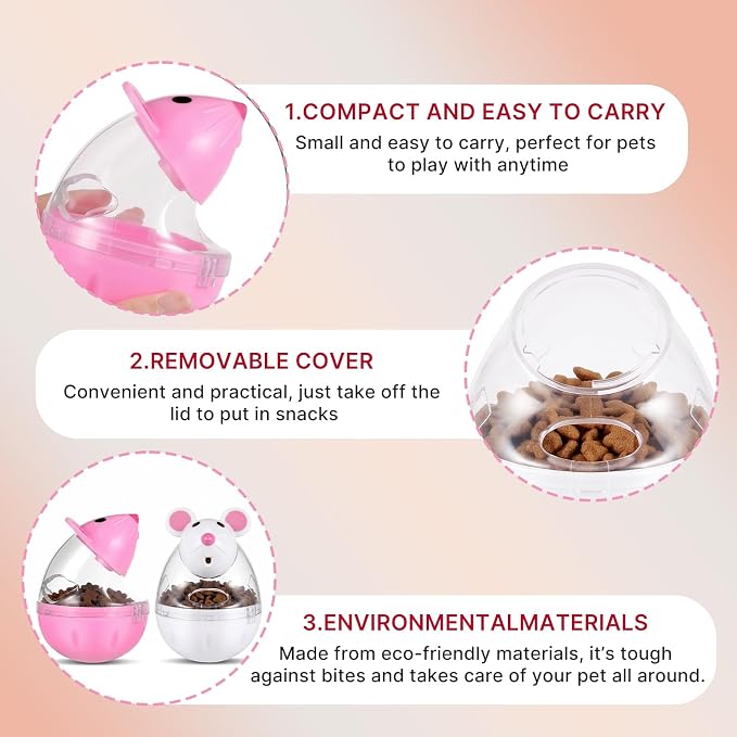 2 Pcs Cat Food Ball Dispenser, Mice Shaped Treat Dispenser for Cats, Slow Feeder Tumbler Toy for Training, Interactive Toys for Indoor Cats (Pink, White)