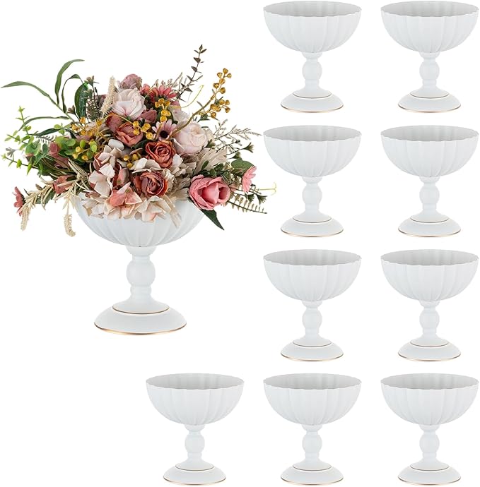 Sziqiqi White Urn Vase for Centrepieces, Wedding Compote Vase, 10Pcs | 7.9in Tall Metal Flower Arrangements, Vase for Centrepieces Floral Planter, Decorative Footed Bowl, For Party, Event