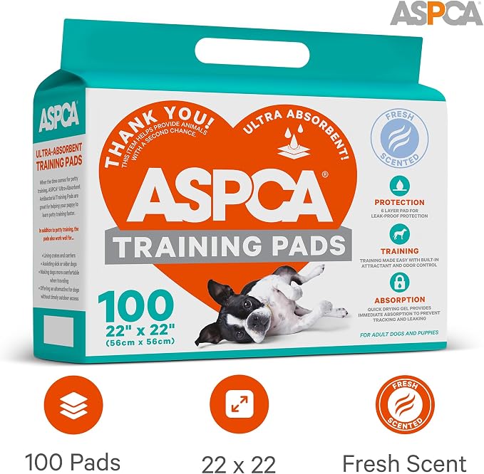 ASPCA Puppy Training Pads, 22"x 22", Fresh Scent, 100 Count | Scented dog pee pads help control odors with ultra absorbent quick-dry gel, leakproof layers and potty training protection.