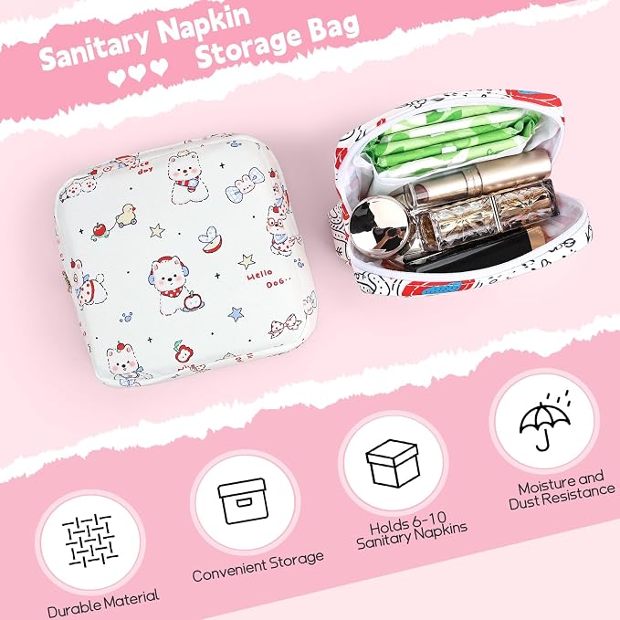 Sanitary Pad Storage Bag Portable Period Bag for Teen Pads/Sanitary Napkins/Small Tampons, Sanitary Napkin Storage Bag First Period Gifts for Teen Girls (White Puppy)