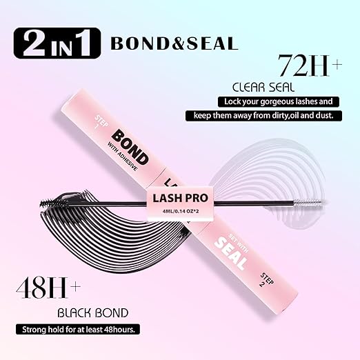 Lash Bond and Seal Waterproof Glue for Eyelash Cluster, Long-Lasting, Strong Hold 72H, Non-Irritating, Latex-Free, 2-in-1 Lash Glue for DIY Lash Extensions at Home