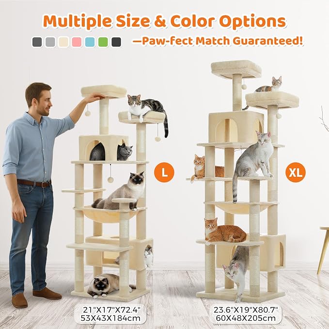 PAWZ Road XXL 81" Cat Tree Large Cats with Big Condos,Perches Sisal Posts | 20"x16" hammock for adult cats, tall cat tower with 7 scratching posts, dual perch and large condo for big maine cats
