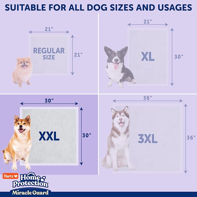 Hartz Miracle Guard Dog and Puppy Dog Pads Max Absorbency 24 Hour Use Odor Eliminating Lavender Scented No Leaks, 2XL Size 20 Count