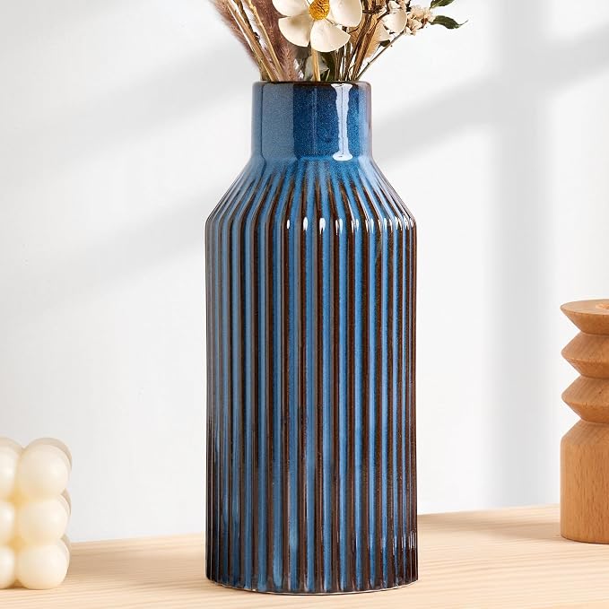 STHIE 8 Inches Ceramic Flower Vase, Blue Vases for Centerpieces | Flambé Reactive Glaze,Minimalist Modern Home Decor, Pampas Grass Vase for Table, Fireplace, Shelf, Mantel, Entryway