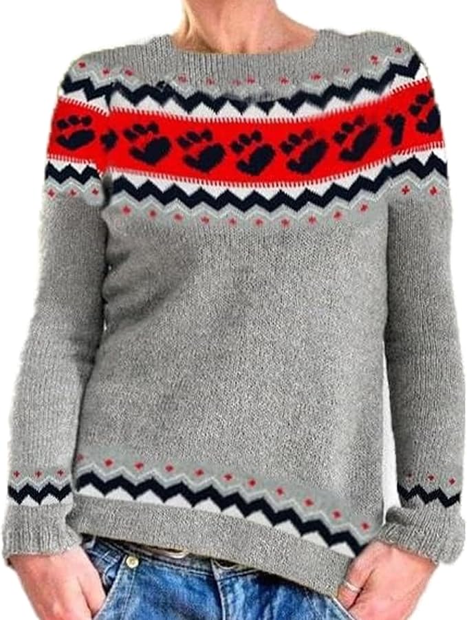 Zhyaj Fair Isle Sweater for Womens Winter Long Sleeve Vintage Knitted Sweater Casual Fall Crew Neck Pullover Sweaters
