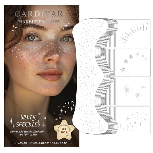 Glitter Freckles, 24PCS Glitter Freckles Face Tattoo, Sparkle Freckles for Women, Waterproof Gold Temporary Face Tattoos Glitter Glow Up Patches Makeup Patches (Silver)