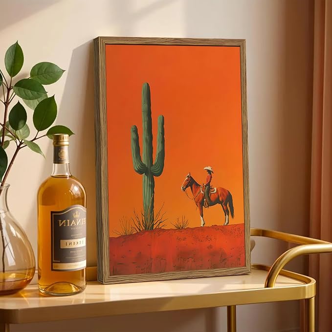 Framed Western Cowboy Canvas Wall Art Set of 3, Vintage Desert Cactus Pictures Wall Decor, Longhorn Bull Skull Paintings Prints Southwestern Home Decor for Living Room Bedroom 16x24 inch