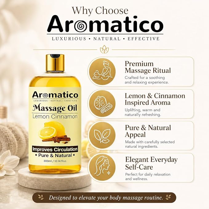 Aromatico Lemon & Cinnamon Massage Oil for Men & Women – 10 fl oz | Lightweight Non-Greasy Body Oil for Massage & Daily Body Care, Fast-Absorbing Moisturizing Oil with Citrus Aroma.