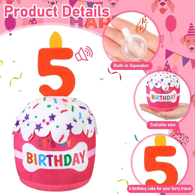 Dansydaisy Dog Birthday Cake Toy Squeaky Plush Gift,5th,Pink