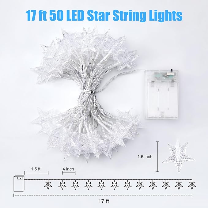 Minetom Star String Lights Battery Operated - 17 ft 50 LED Star Fairy String Lights with Timer, Waterproof for Indoor Bedroom Tent Loft Bed Patio Party Wedding Decor, White