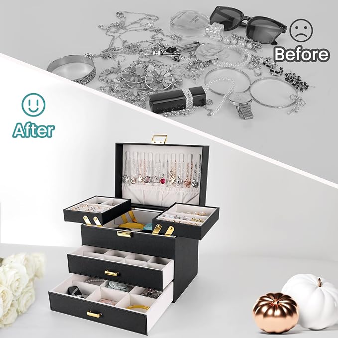 Jewelry Organizer Box, Large Jewelry Boxes for Women Girls, Space-Saving 4 Layers Jewelry Storage Case with Drawer, Movable Metal Stand, Modern, Gift Idea (Black + Gold)