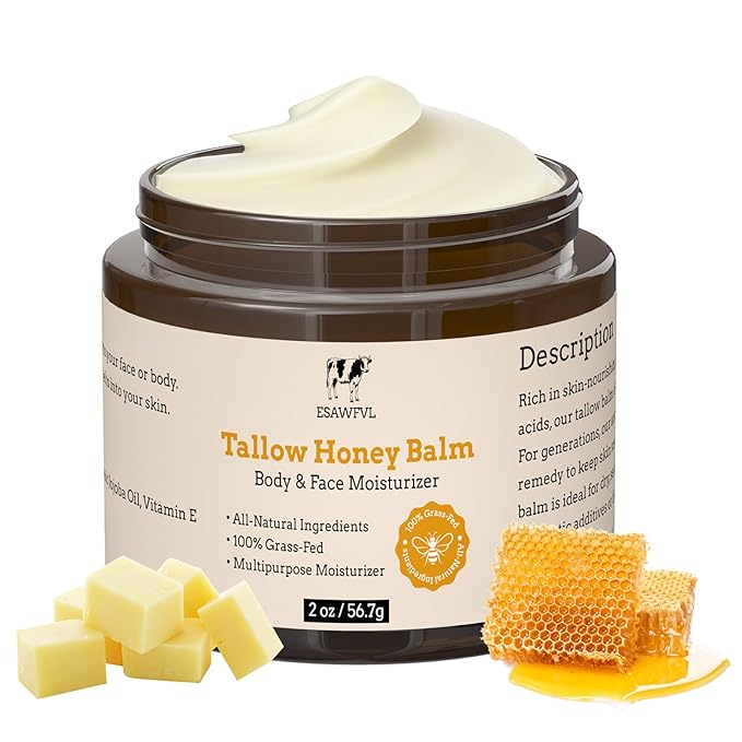Beef Tallow for Skin, Whipped Tallow and Honey Balm for Body & Face, Natural Formula Grass-Fed Tallow Face Moisturizer for All Skin Types - 2oz