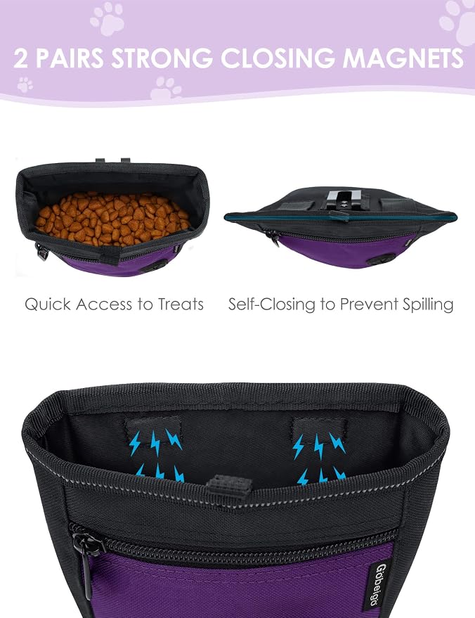 Gobeigo 2 Cup Dog Treat Pouch with Training Clicker(Black/Purple) | 2 Pair Magnetic Closures, Zipper Pocket with Poop Bag Holder, Waist Belt & Metal Clip to Wear for Pet Training/Daily Walking