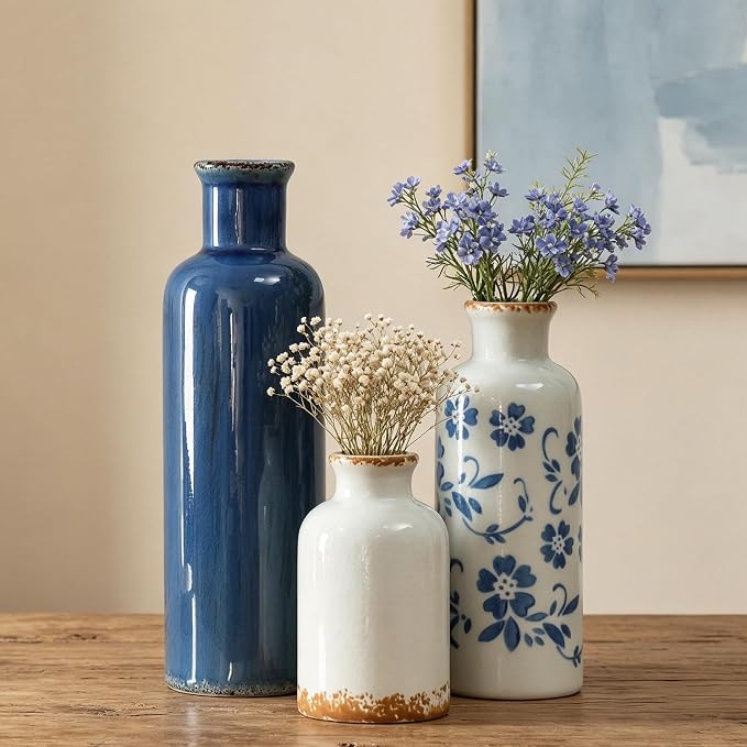 Ceramic Vases Set of 3, Blue and White Vintage Flower Vase Waterproof | Farmhouse Rustic Vase for Pampas Grass & Dried Flowers, Flower Vase for Table Living Room Home