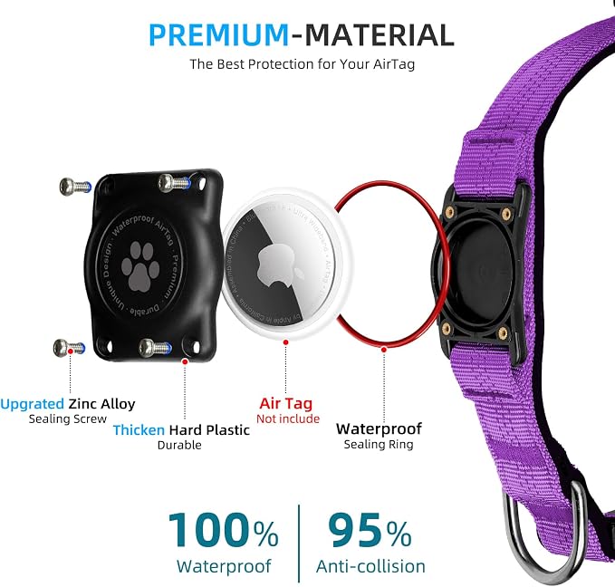 Upgrade Dog Collar with AirTag Holder, IP68 Waterproof, Purple, XS | Built-in Water Resistant AirTag holder, 1000D Nylon, Reflective Stitching for Night Visibility, Soft padding for Comfort