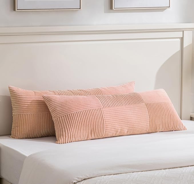 Fancy Homi Set of 1 Peach Boho Long Lumbar Body Decorative Throw Pillow Cover 21x54 Inch for Bed Couch Bedroom Bench, Soft Patchwork Corduroy Textured Pillow Case, Rustic Farmhouse Room Decor