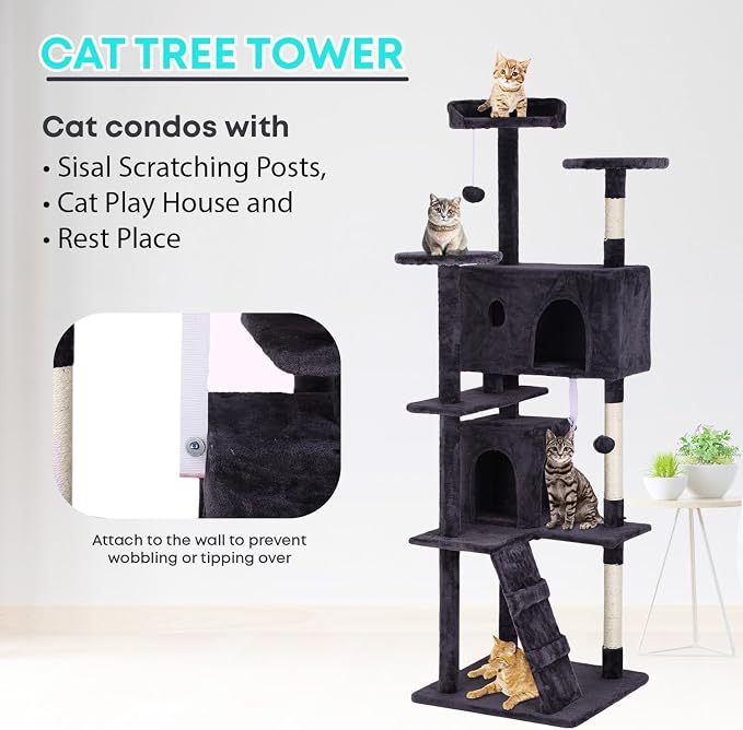 FDW | 70" Cat Tree Tower | Ashy | Multi-Level Indoor Activity Center with Sisal Scratching Posts, Condos, Plush Perches, Hanging Cat Toys | Sturdy, Easy to Assemble | for Kittens & Adult Cats