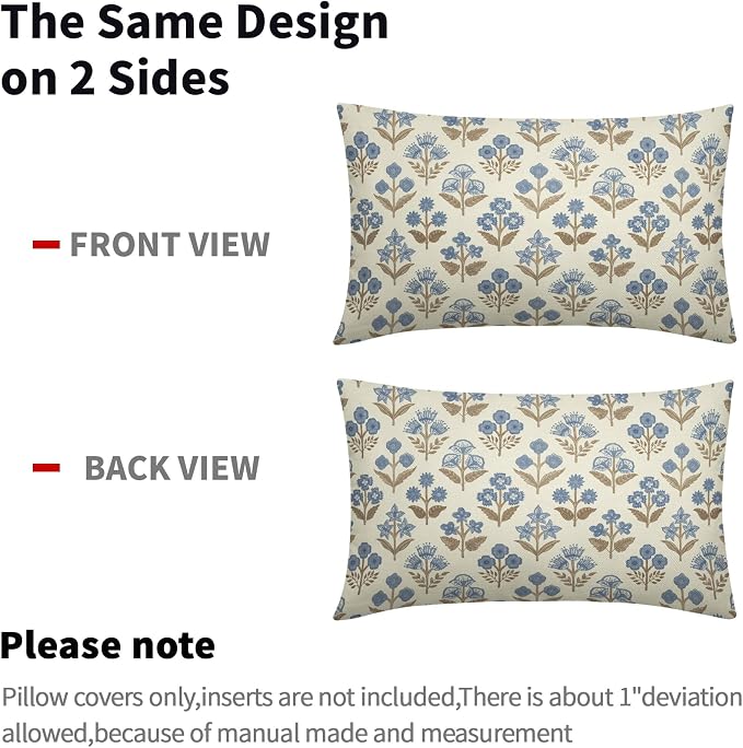 Brown Blue Floral Pillow Covers 12x20 Inch Set of 2, Block Print Lumbar Flower Cream Decorative Throw Pillowcases Outdoor Farmhouse Rectangle Cushion Covers Spring Summer Sofa Couch Bed Decor