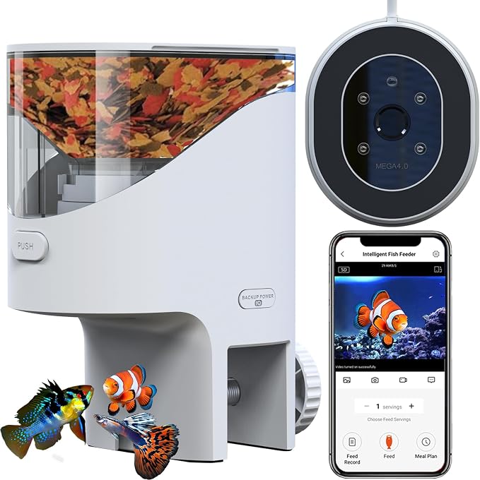 WiFi Automatic Fish Feeder with 2.5K Camera, 2.4/5G Smart App Control, Vacation Feeding Timer, Remote Precision Flake Fish Dispenser, 200ml Moisture-Proof Aquarium Feeder for 10+ Gallon Tanks