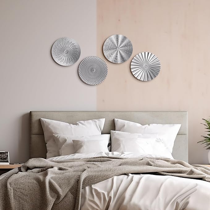 Hicarer 4 Pcs 12 Inch Silver Metal Wall Art Decor Modern Sunburst Hanging Artwork Decor Wall Decorations for Home Bedroom Bathroom Living Room Office Sculpture