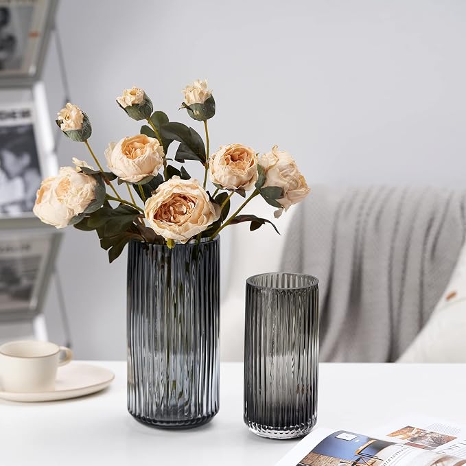 Flower Vase 10 inch Grey Thickened Hand Blow Glass Vase Round Vintage Striped Bottles for Bookshelf,Dinner Table,Indoor Office Desktop,Meeting Room,Bathroom,Countertop,Home