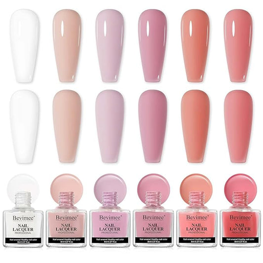 Nude Nail Polish Set: 6 Colors Vegan Regular Nail Polish Quick Dry, White Nude Sheer Pink Natural Nail Lacquer Non Gel Air Fast Drying Finger Nail Bulk DIY Salon Gift for Women