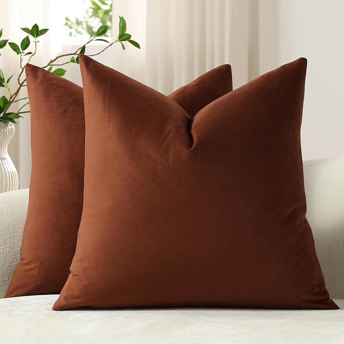Throw Pillow Covers 18x18 Reddish Brown: Pack of 2 Cozy Soft Velvet Square Modern Luxury Decorative Throw Pillow Cases for Sofa Couch Living Room Bed Home Decor