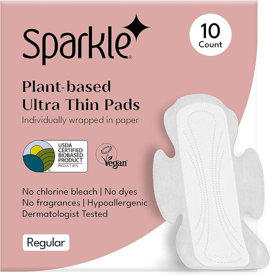 Sparkle Sanitary Pads for Women, Plant-Based Ultra Thin Pads with Wings | Feminine Pads | Organic Pads | Period Pad Softer Than Cotton Pads, Regular Absorbency, Unscented (Regular Pads, 10 Count)