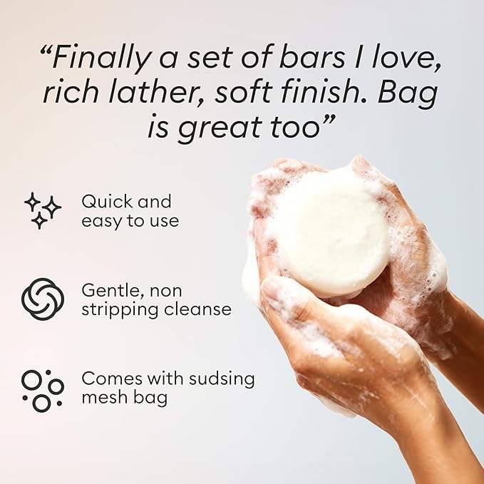 Vove Body Wash Bar Set with Exfoliating Bag, Forest Revive, 2 Bars and Bag - Moisturizing Plant-Based Body Bars, Jojoba Oil, Cocoa Butter, Rice Protein, Essential Oils - FSC-Certified Packaging