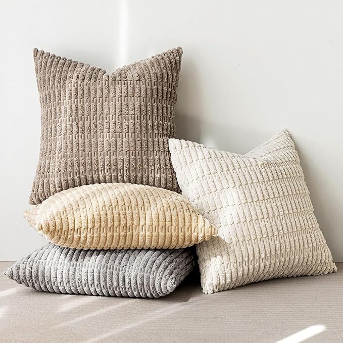 MIULEE Pack of 4 Neutral Decorative Throw Pillow Covers 16x16 Inch | Boho Farmhouse Modern Retro Soft Striped Pillow Covers,Home Decor for Sofa Living Room,Couch,Bed