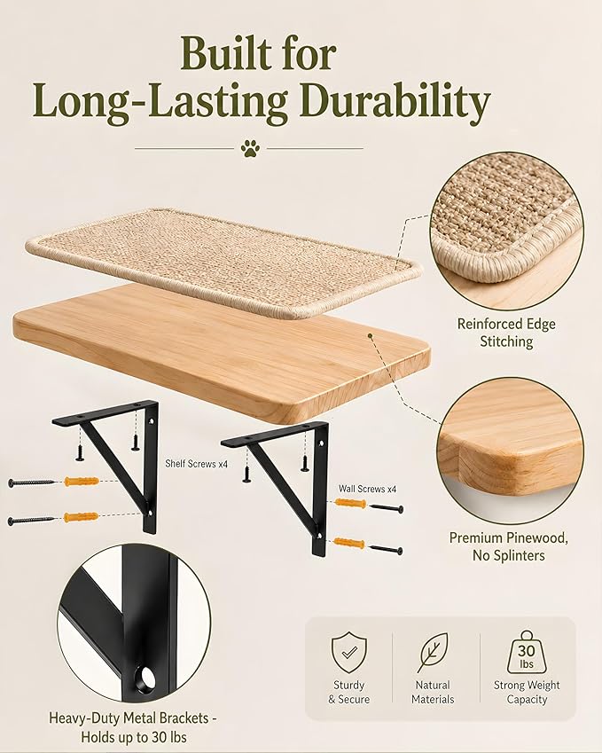 2PCS Cat Wall Shelves with Scratching Mat, 16.6x9.7 Inch Solid Pine Wood Wall Mounted Kitten Floating Shelf, Window Perch Hammock, Cats Wall Furniture for Cats Sleeping, Playing, Climbing
