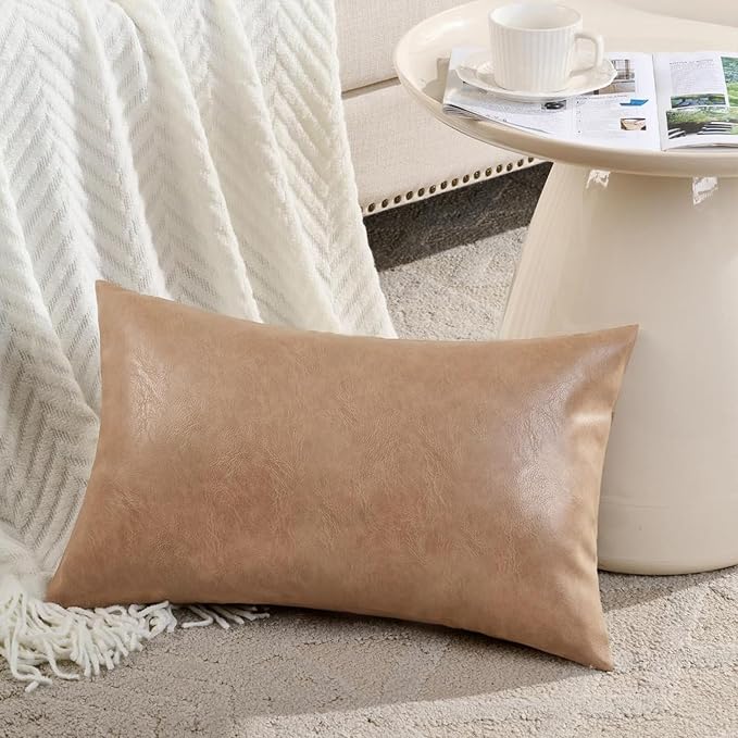 Fancy Homi Tan Long Lumbar Faux Leather Body Decorative Throw Pillow Cover 12x20 Inch for Bedroom Couch Bed Bench, Thick Beige Solid Rectangular Waterproof Cushion Case, Boho Farmhouse Room Decor
