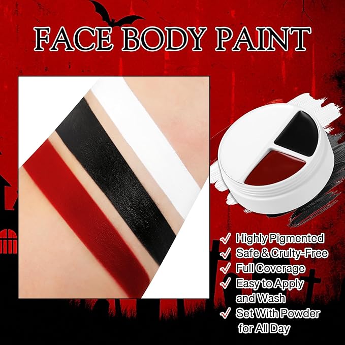 Black Red White Face & Body Paint Makeup, Professional SFX Cream Face Paint | Waterproof Halloween Joker Vampire Skull Goth Costume Bodypaint for Adults Kids | Vegan Long-Lasting Party Theater Stage